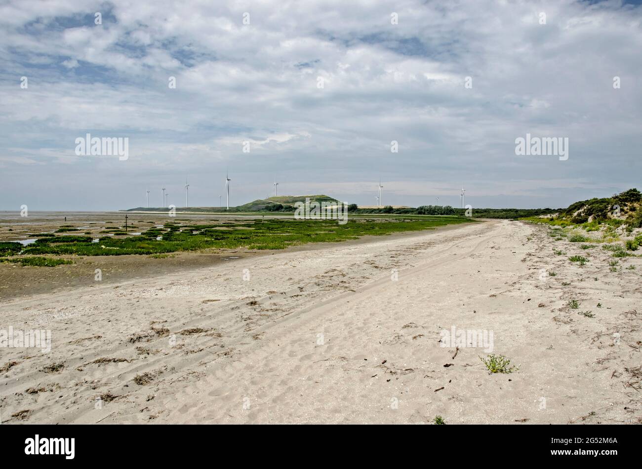 A sandy strip along the dam closing of the river Brielse Maars, a former mouth of the Rhine, near Oostvoorne, The Netherlands Stock Photo