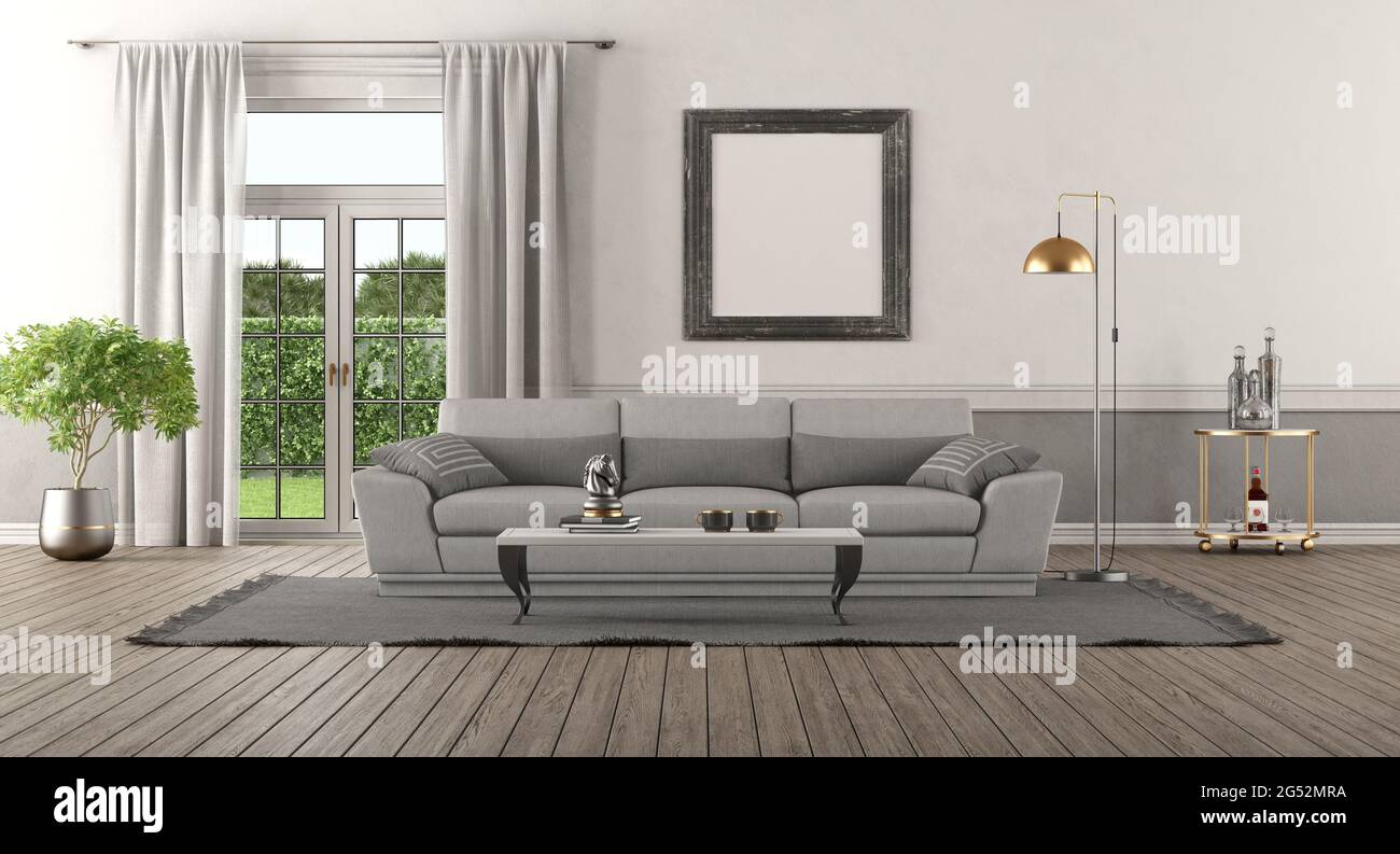 Elegant home interior with gray sofa and windows on background - 3d rendering Stock Photo