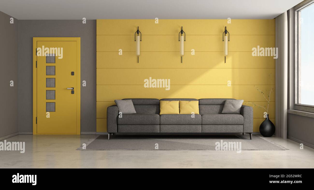 Modern yellow and gray living room with sofa and front door - 3d rendering Stock Photo