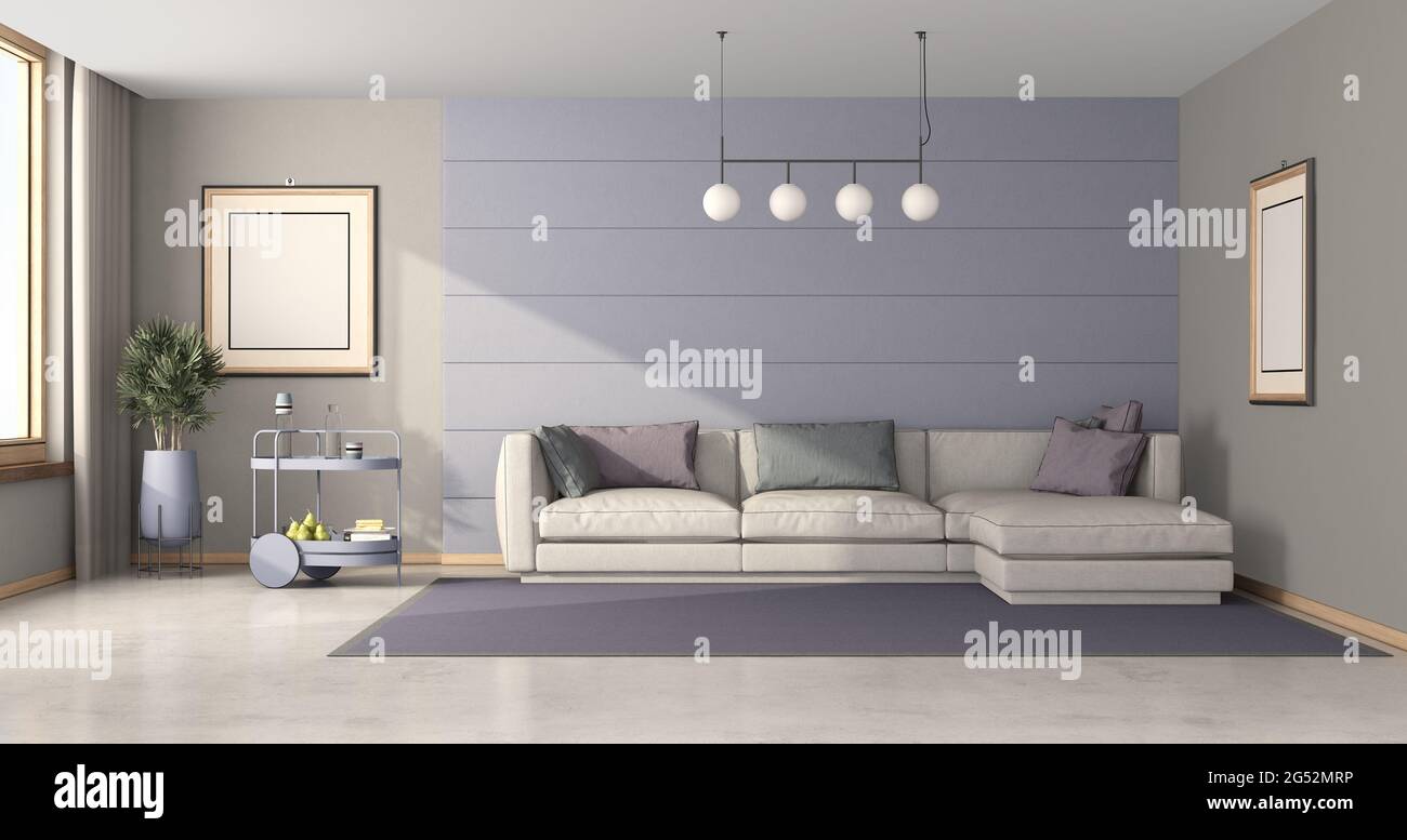 Living room with white sofa against purple wall and bar trolley - 3d rendering Stock Photo