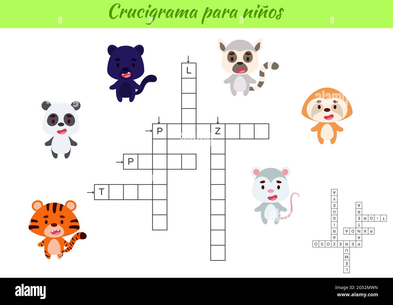 Crossword for kids in Spanish with pictures of animals. Educational game for study Spanish language and words. Children activity printable worksheet. Stock Vector