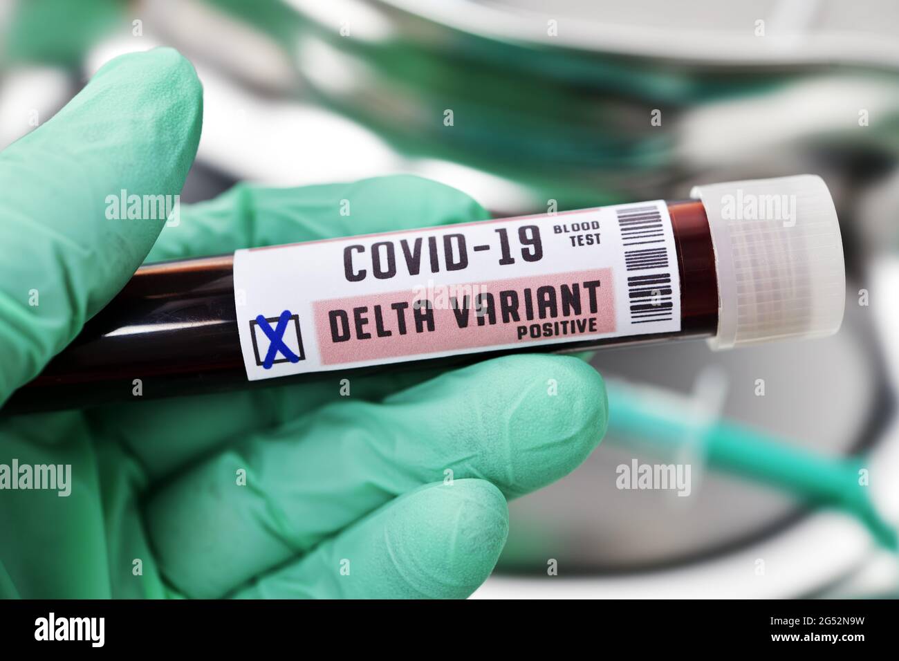 Blood test tube, delta variant B.1.617.2 Stock Photo