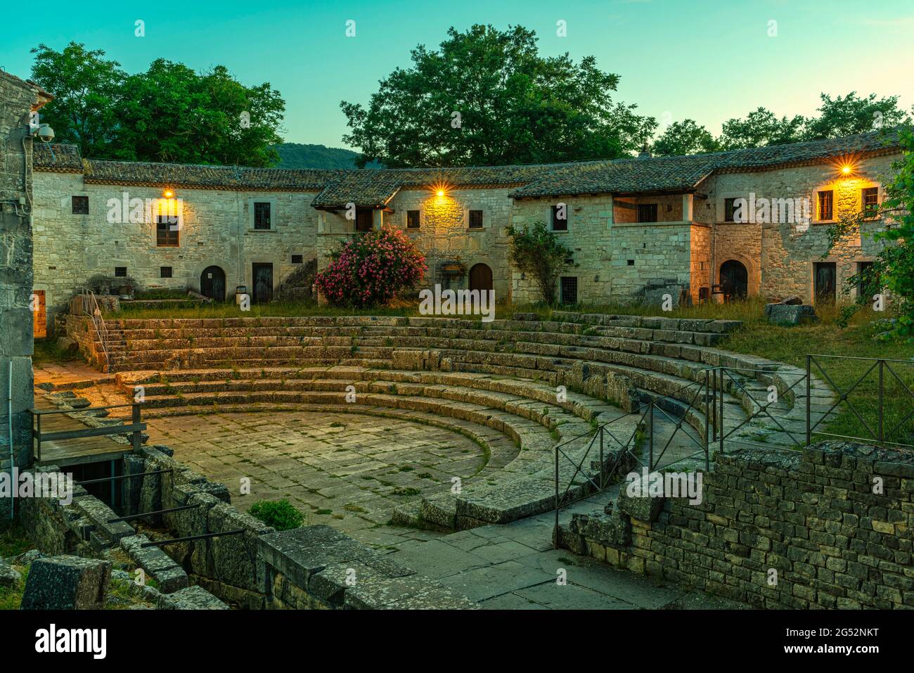 Roman theater in the ancient city of Altilia, today Sepino in Molise, at dusk in the Archaeological Park of Sepino. Sepino,Isernia, Molise Stock Photo