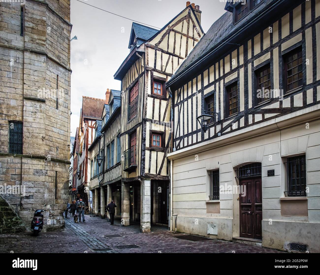 Rouen, France, Oct 2020, view of a  cobblestoned street in the pedestrian centre with medieval half-timbered houses Stock Photo