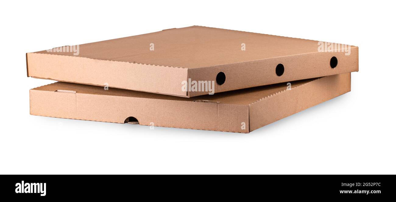 Hands of a pizzeria chef packing pizzas in generic unlabelled brown  cardboard boxes stacked four deep over white with copyspace Stock Photo -  Alamy