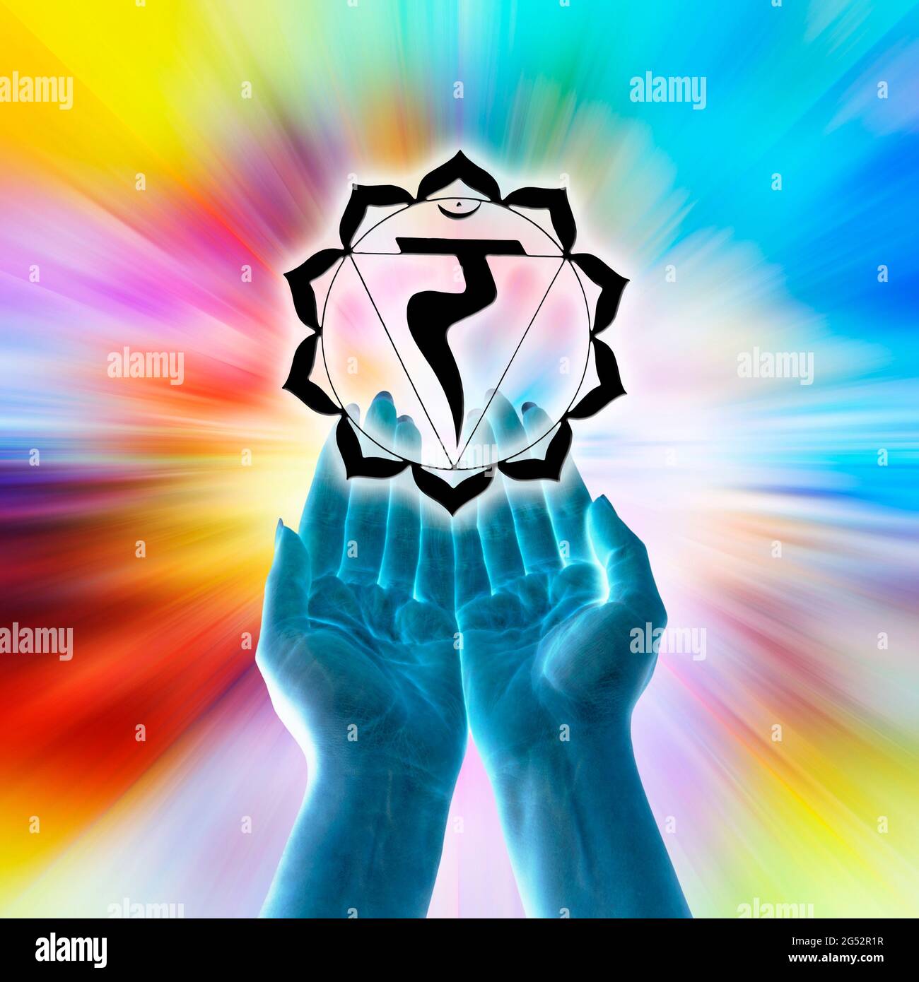 open hands and chakra symbol of Manipura Stock Photo Alamy