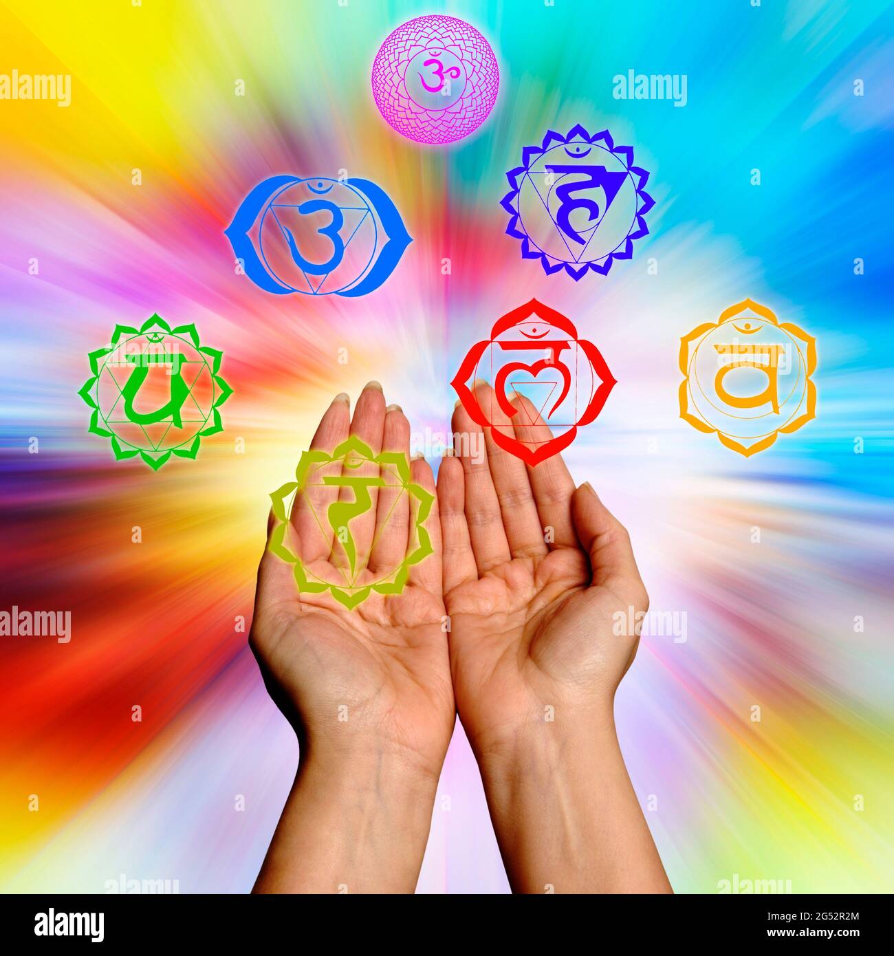 open hands and chakras symbols Stock Photo Alamy