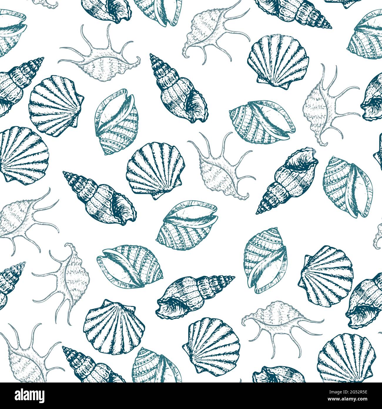 Sea Creatures hand drawn seamless pattern. Ocean animals and seashells