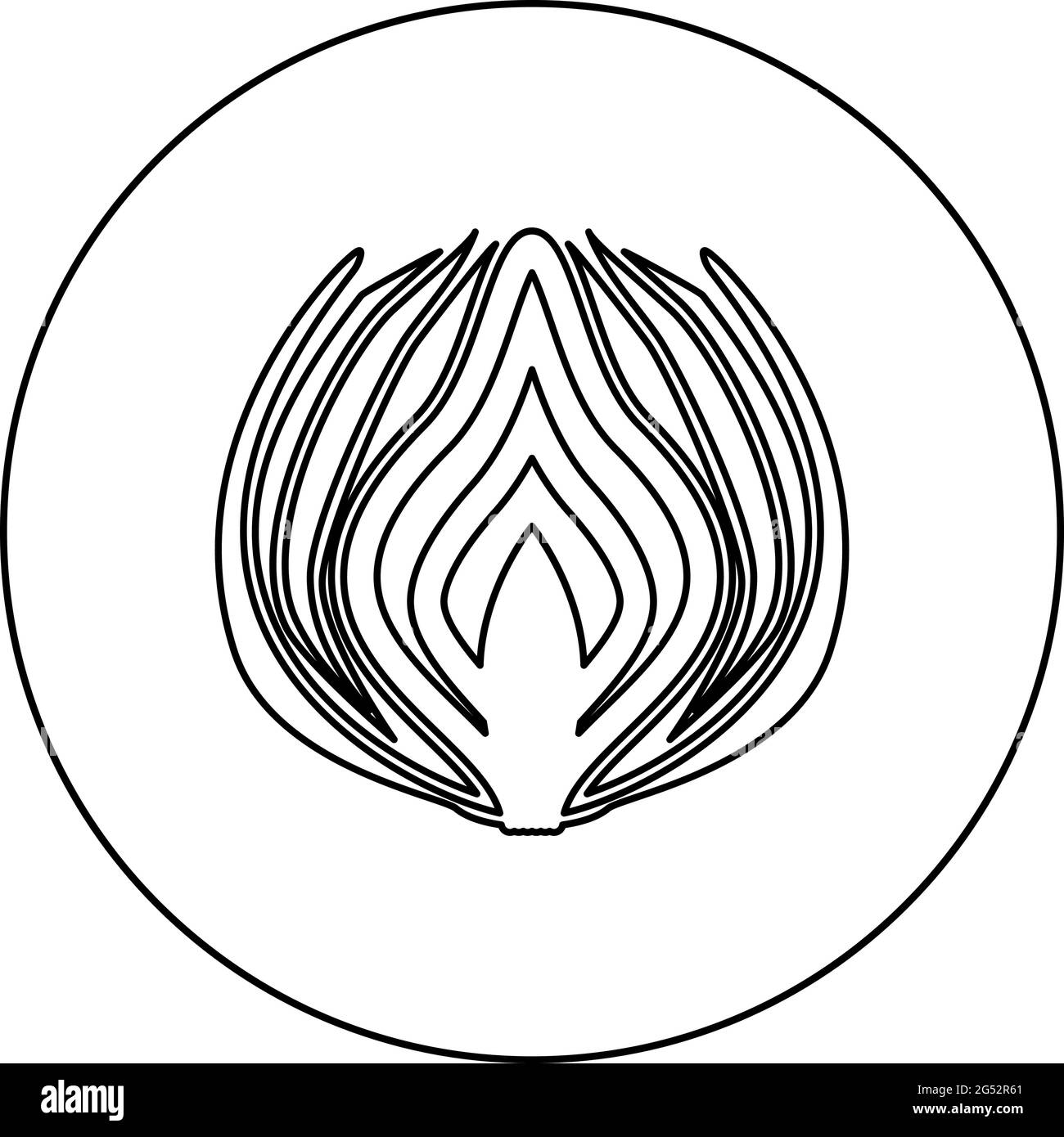 Onion cut in half part Bulbs chopped sliced vegetable  silhouette in circle round black color vector illustration contour outline style image simple Stock Vector