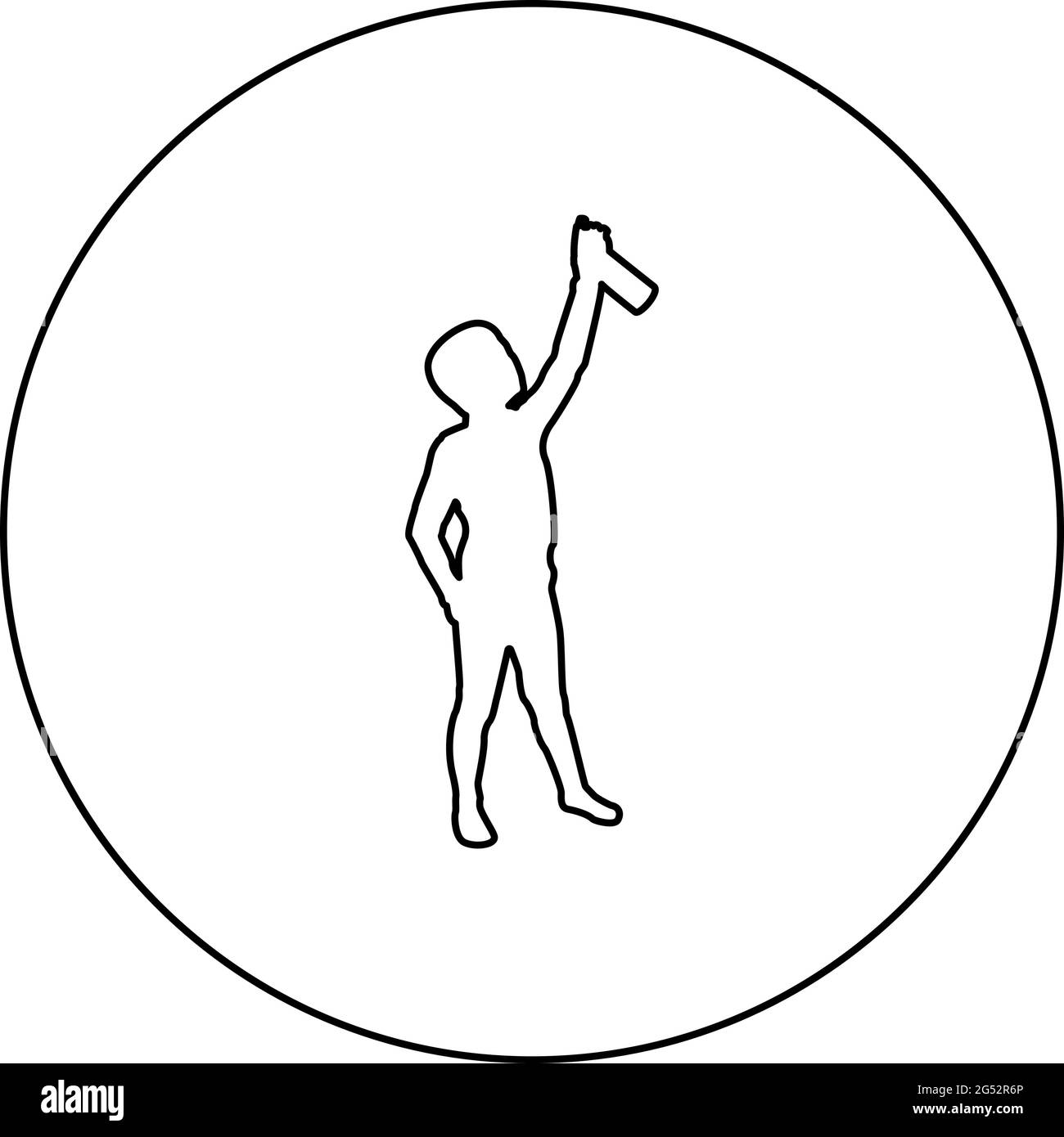 Boy using water sprayed in up Small kid watering garden using hand sprinkler Holding arm special comb  silhouette in circle round black color vector Stock Vector