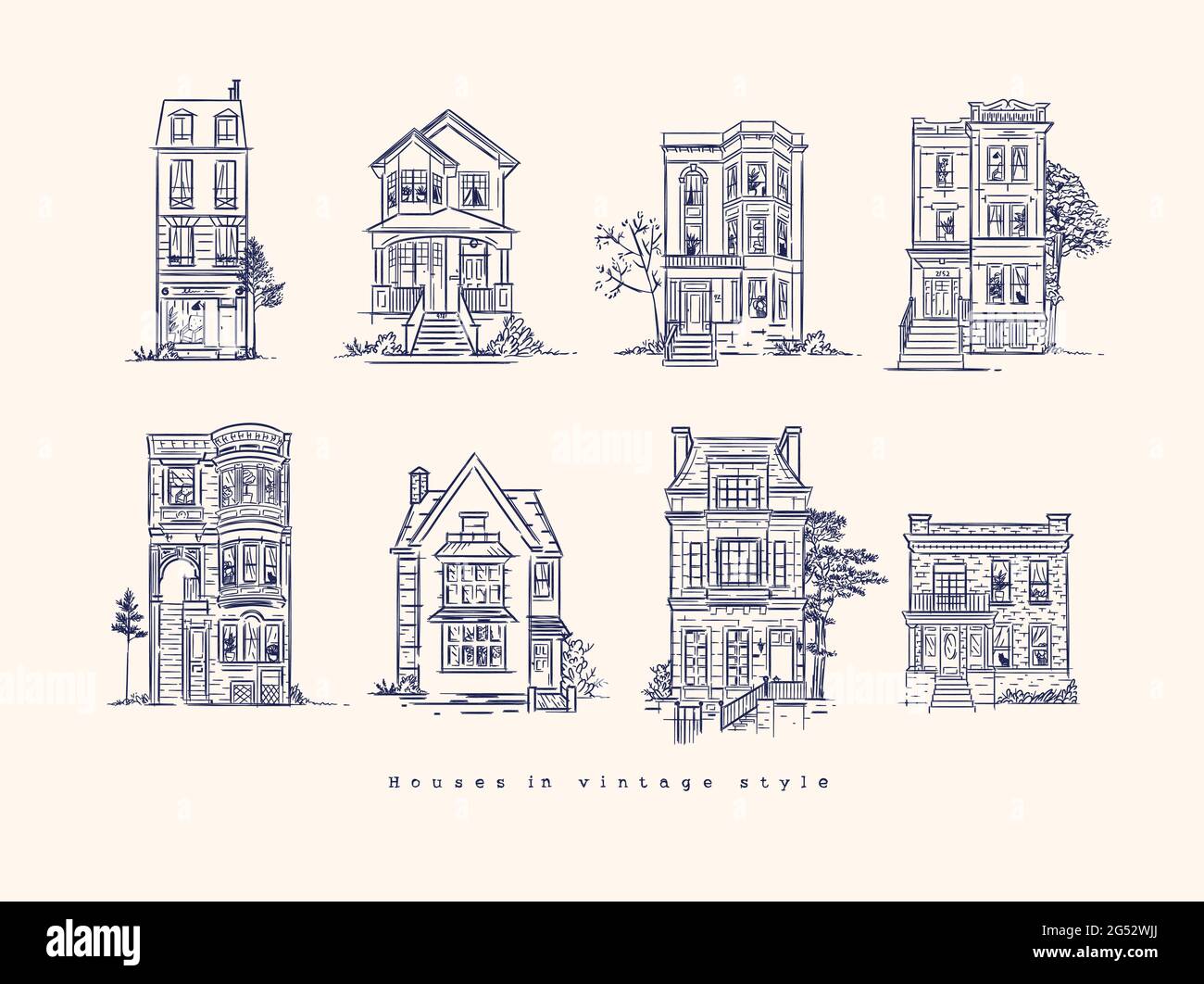 Set of houses drawing in old fashioned vintage style with dark blue