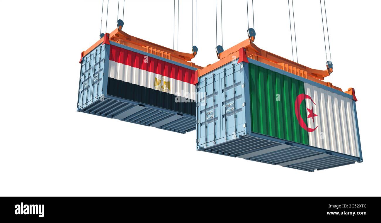 Freight containers with Egypt and Algeria flag. 3D Rendering Stock Photo