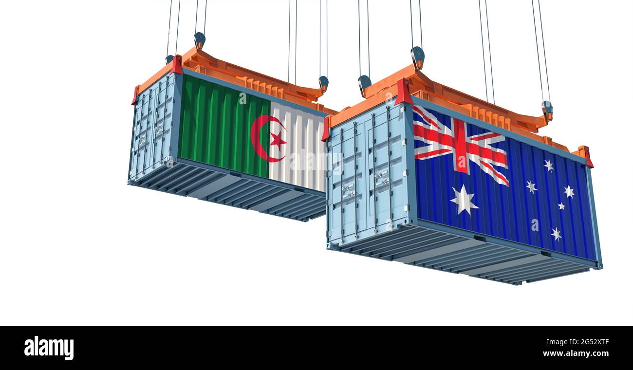 Freight containers with Australia and Algeria flag. 3D Rendering Stock Photo