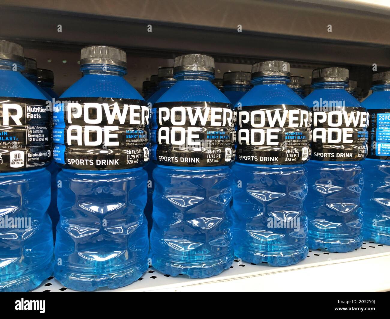 Indianapolis - Circa June 2021: Powerade sports drink display. Powerade replenishes vitamins and electrolytes lost during physical activities and is a Stock Photo