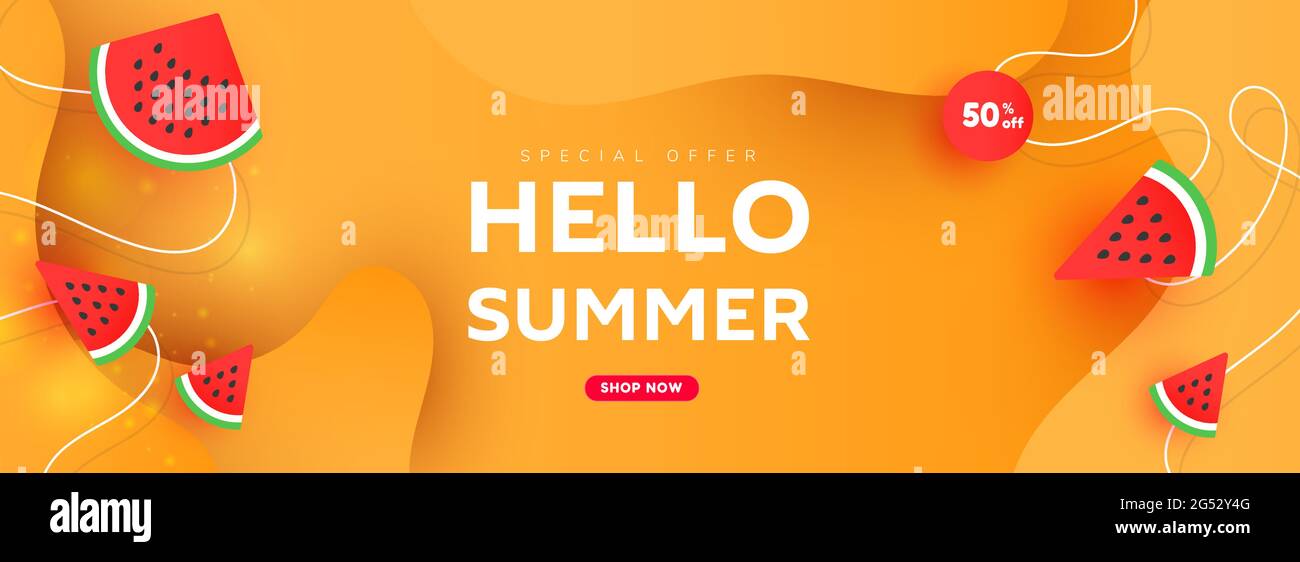 Hello summer sale banner design with tropical leaves and ripe ...