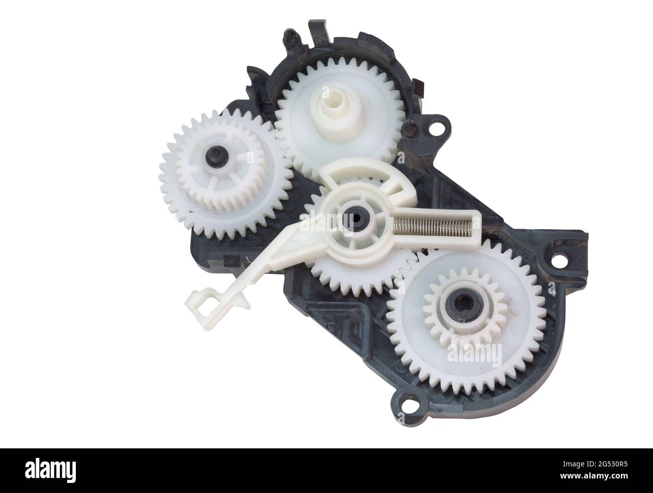 cogwheels mechanism in black plastic case. inkjet printer part complex