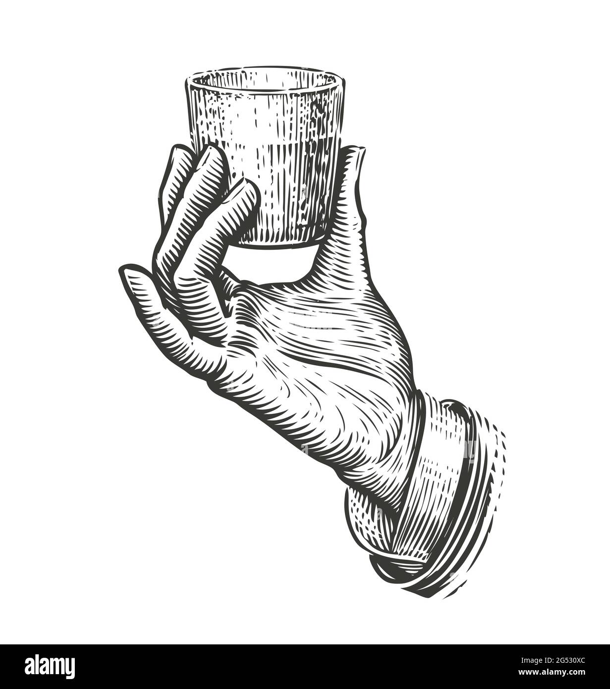 Hand holding a glass. Illustration drawn in vintage engraving style Stock Vector