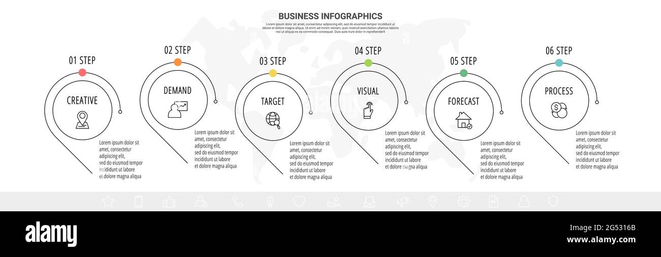 Line minimal vector infographics timeline with six steps. Circle chart ...
