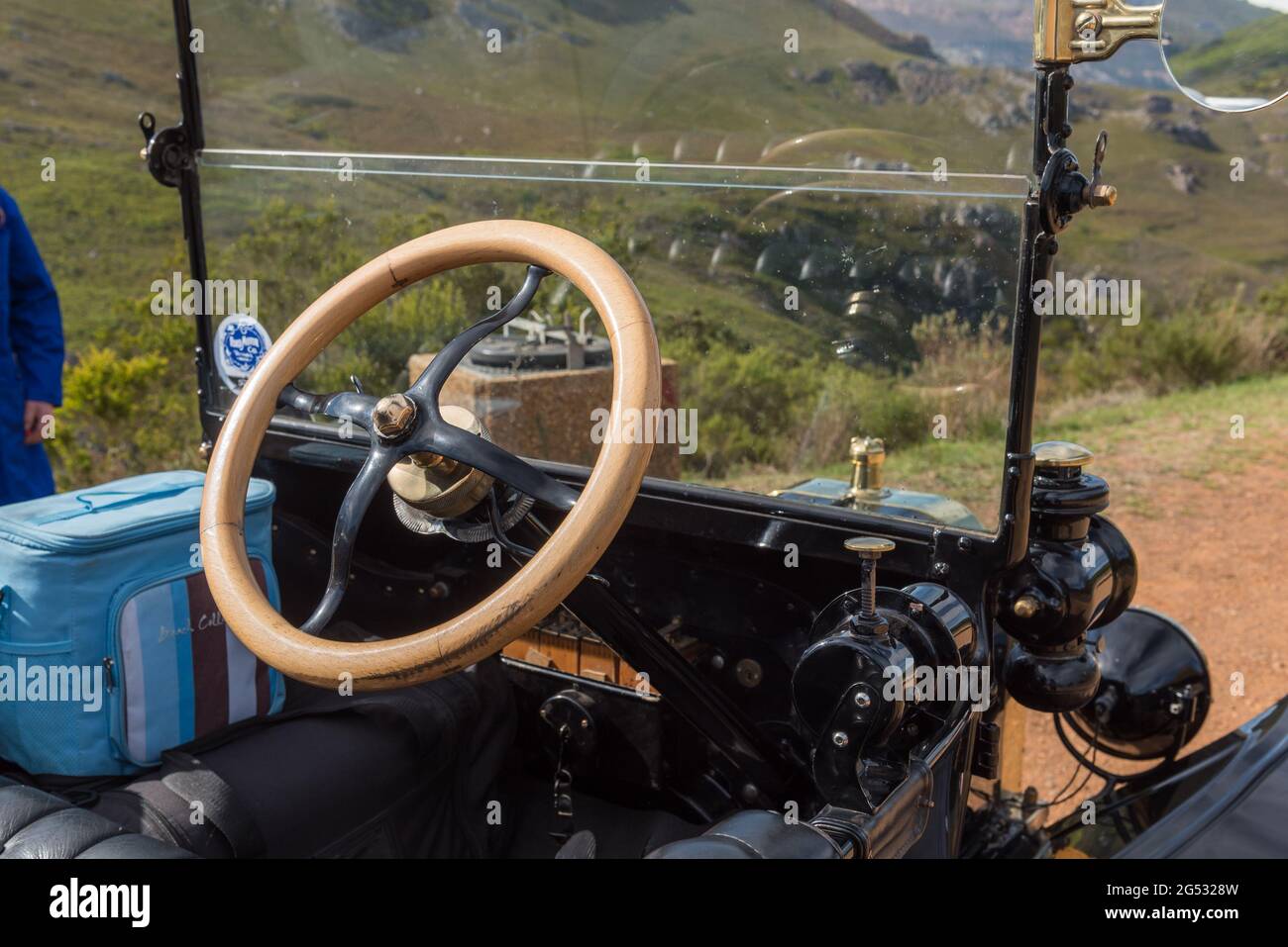 FRANSCHHOEK, SOUTH AFRICA APRIL 12, 2021 Wooden steering wheel of a