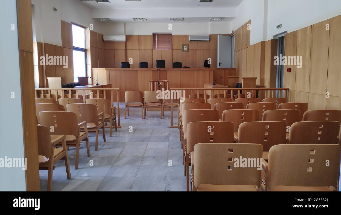 Empty Court Room Interior In Igoumenitsa City In Greece Stock Photo
