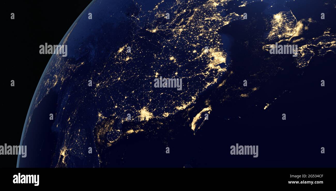 View of China at night in the earth planet rotating from space Stock Photo