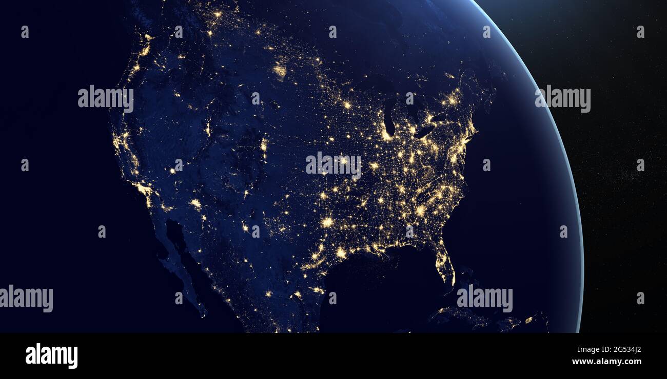 North America at night in the earth planet rotating from space Stock ...
