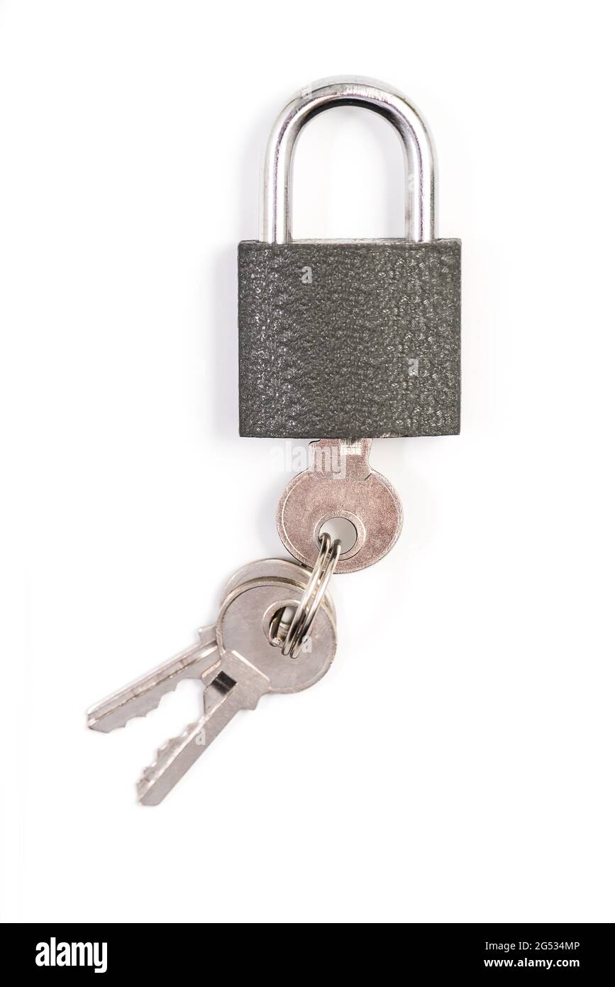 Lock and keys. Closeup of opened metal padlock with key inside isolated on  a white background. Macro photograph of metal lock with keys Stock Photo -  Alamy