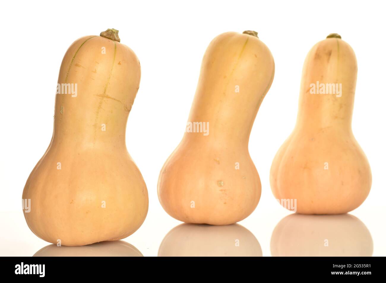 Three ripe organic pumpkins, close-up, isolated on a white background ...