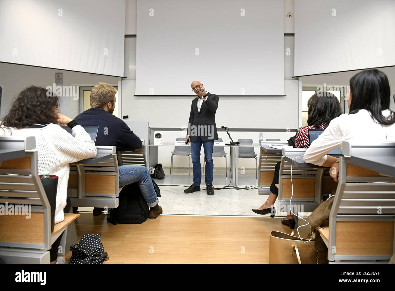 Tim Harford, british journalist and economic writer gives an accademic lesson at the Bocconi Univesity in Milan, Italy. Stock Photo