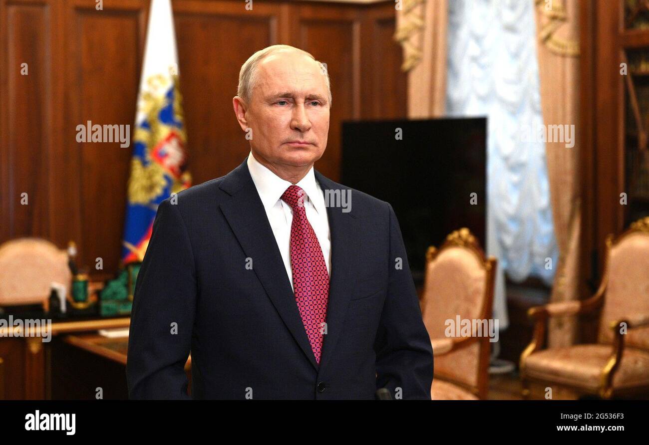 June 25, 2021. - Russia, Moscow. - Russian President Vladimir Putin delivers a speech to congratulate school leavers. Stock Photo