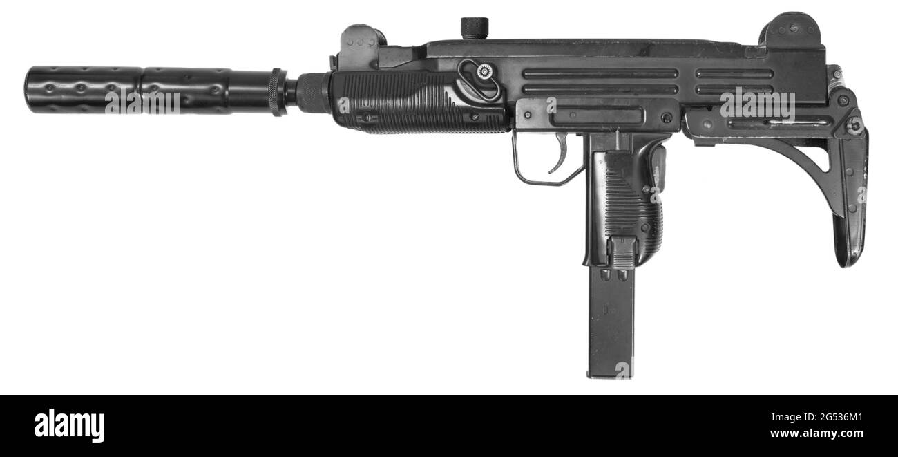 UZI submachine gun with silencer isolated on white background Stock Photo