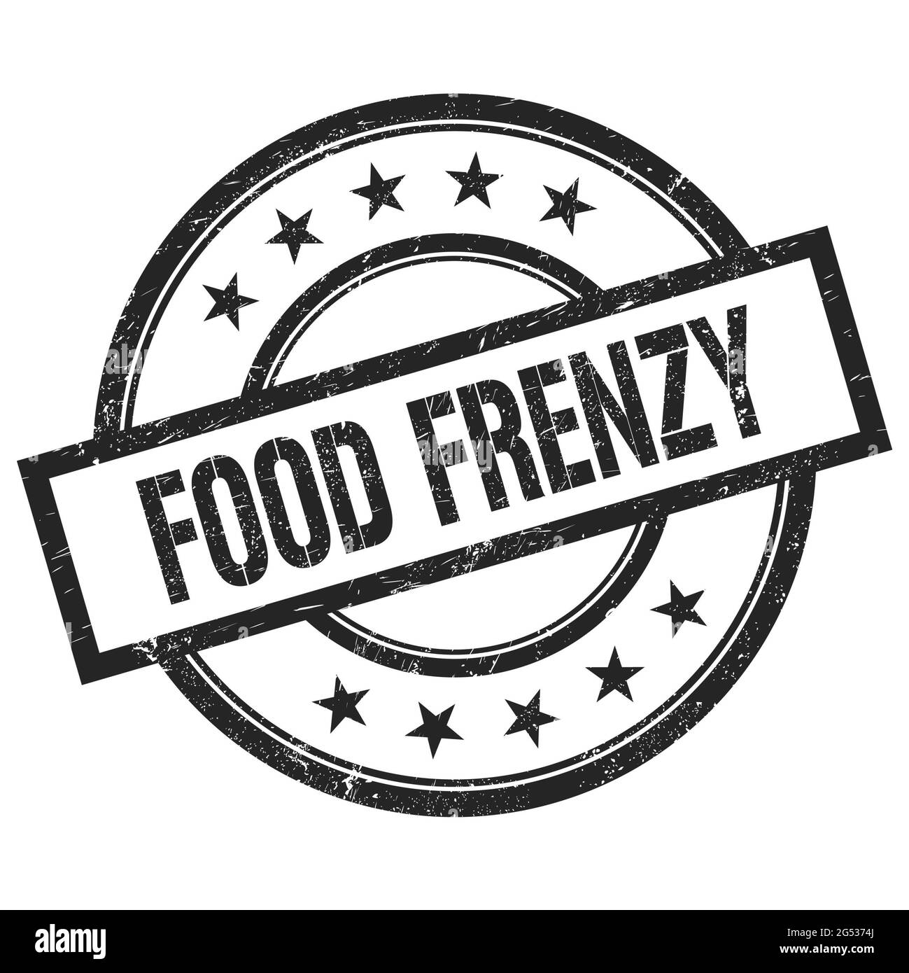 FOOD FRENZY text written on black round vintage rubber stamp. Stock Photo