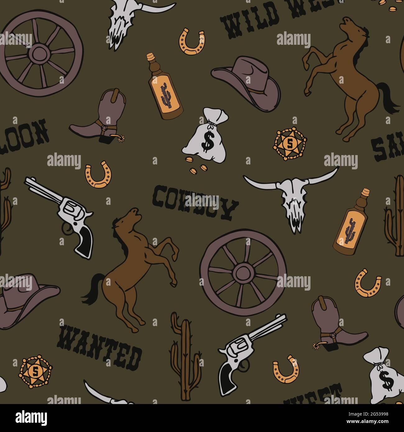 Seamless vector pattern with wild west cowboy on dark green background. Simple western cartoon wallpaper design. Decorative vintage fashion textile. Stock Vector