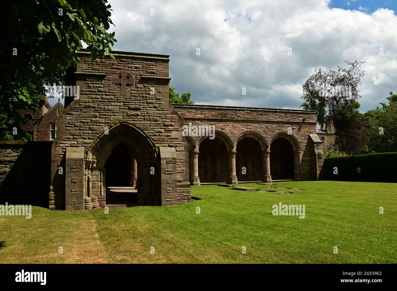 A view of the ruins of the medieval abbey complex at Kelso in the Scottish Borders. Stock Photo