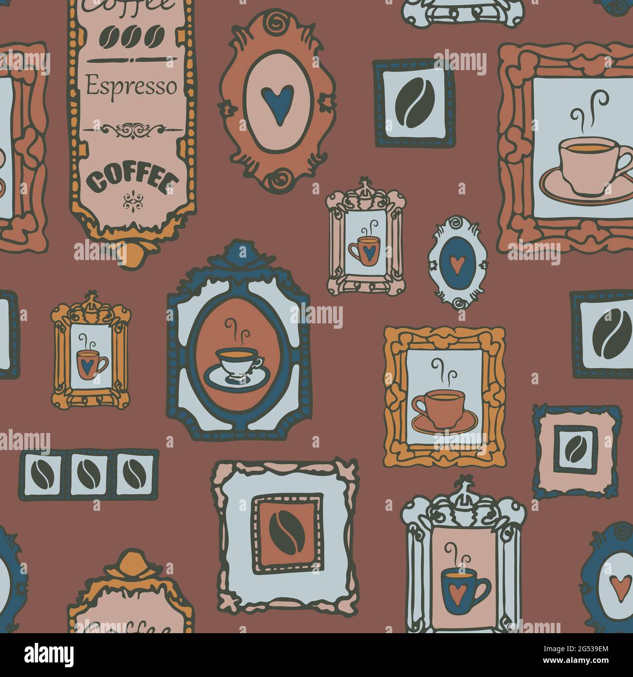 Seamless vector pattern with coffee pictures on wall. Brown background. Vintage cafe wallpaper design with paintings. Morning coffee love. Stock Vector