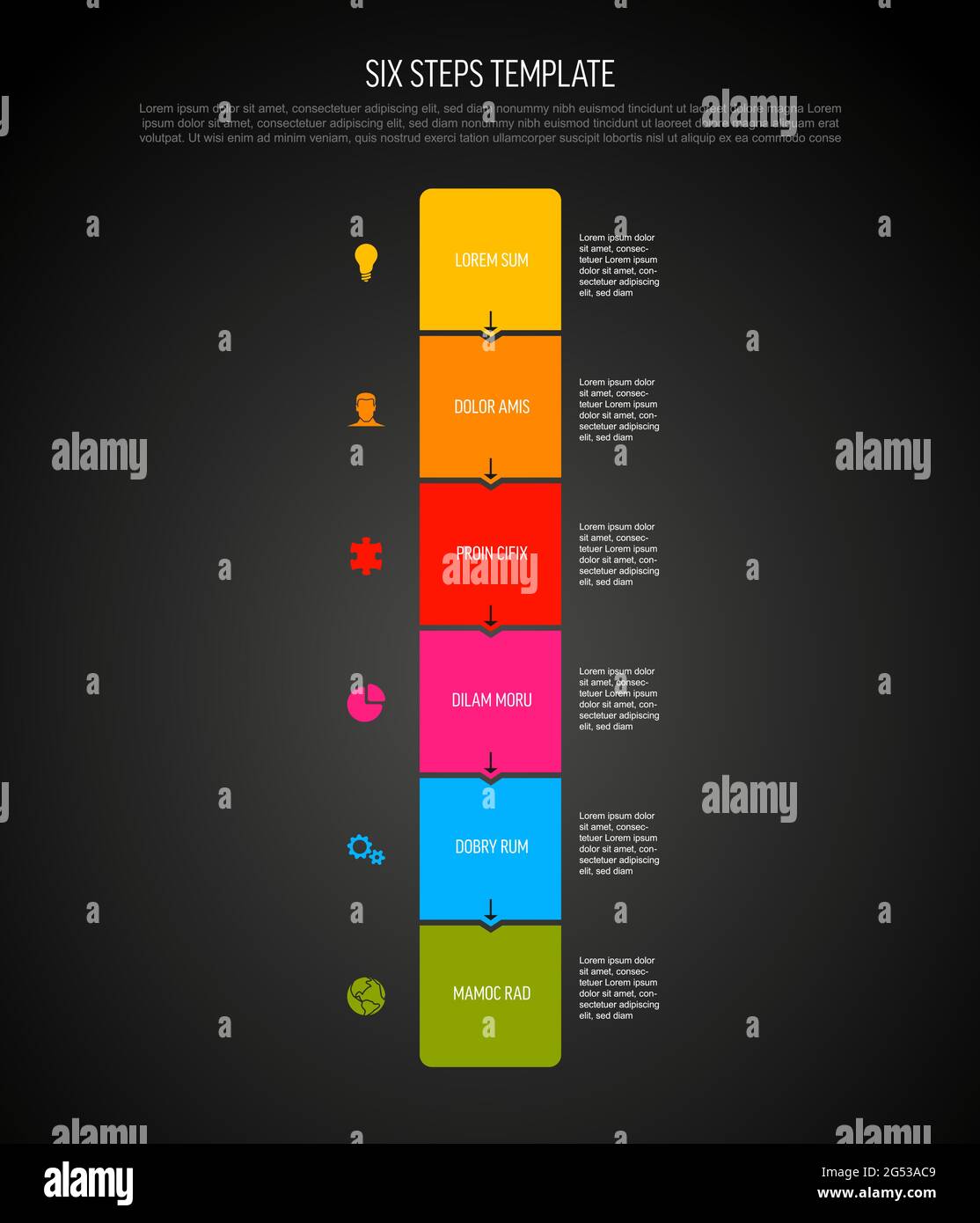 Six vector square flat vertical progress steps template with arrows and ...