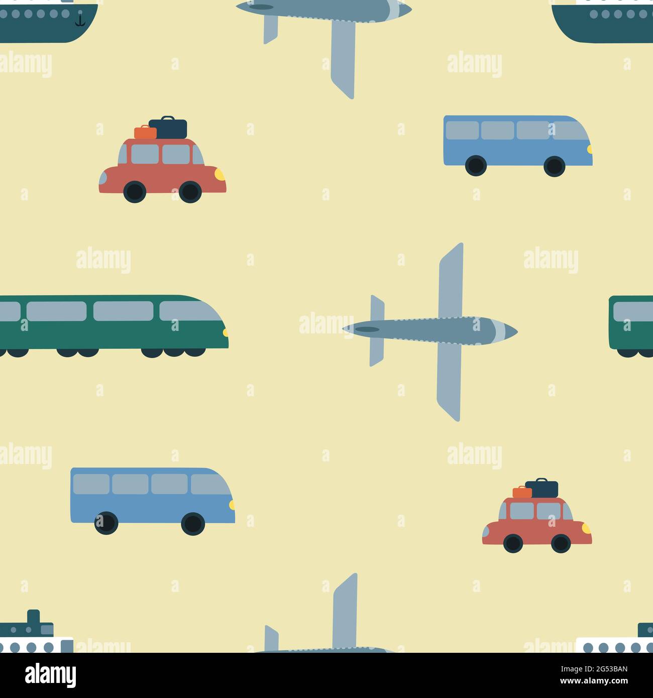 Seamless vector pattern with bus, plane, car, train, ship on light ...