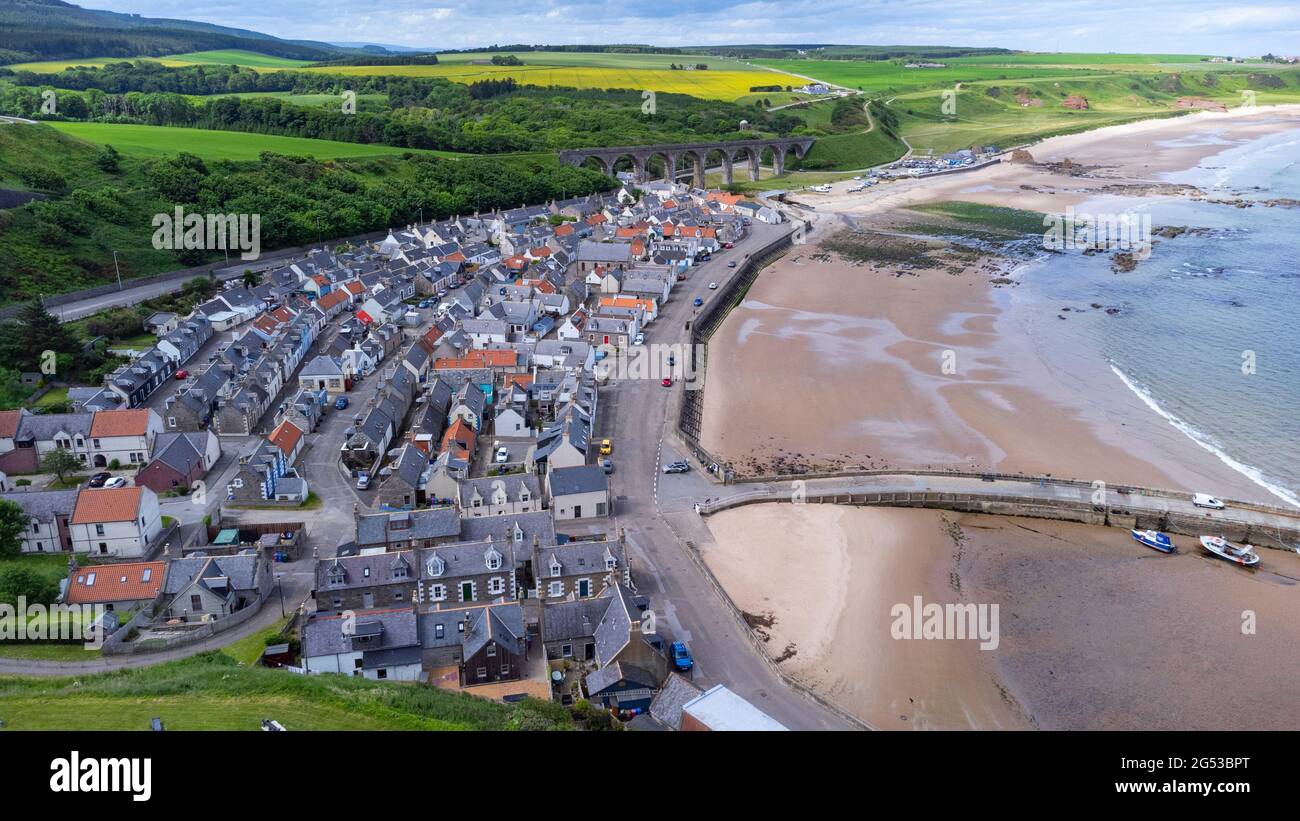 Aerial view from drone of Cullen on Moray Firth coast in Moray