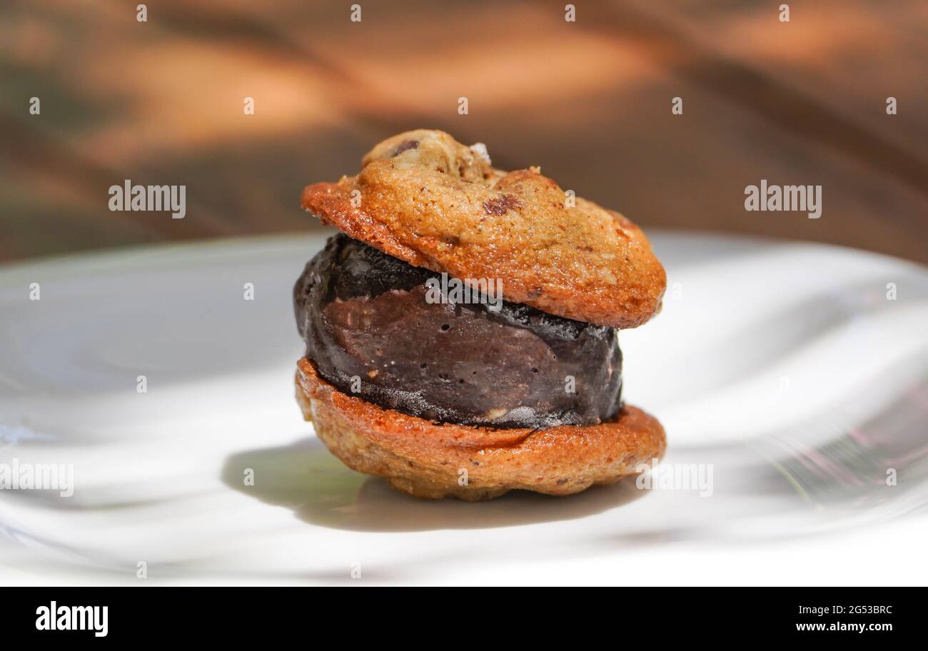 Chocolate chip cookie sandwich filled with chocolate ice-cream Stock Photo