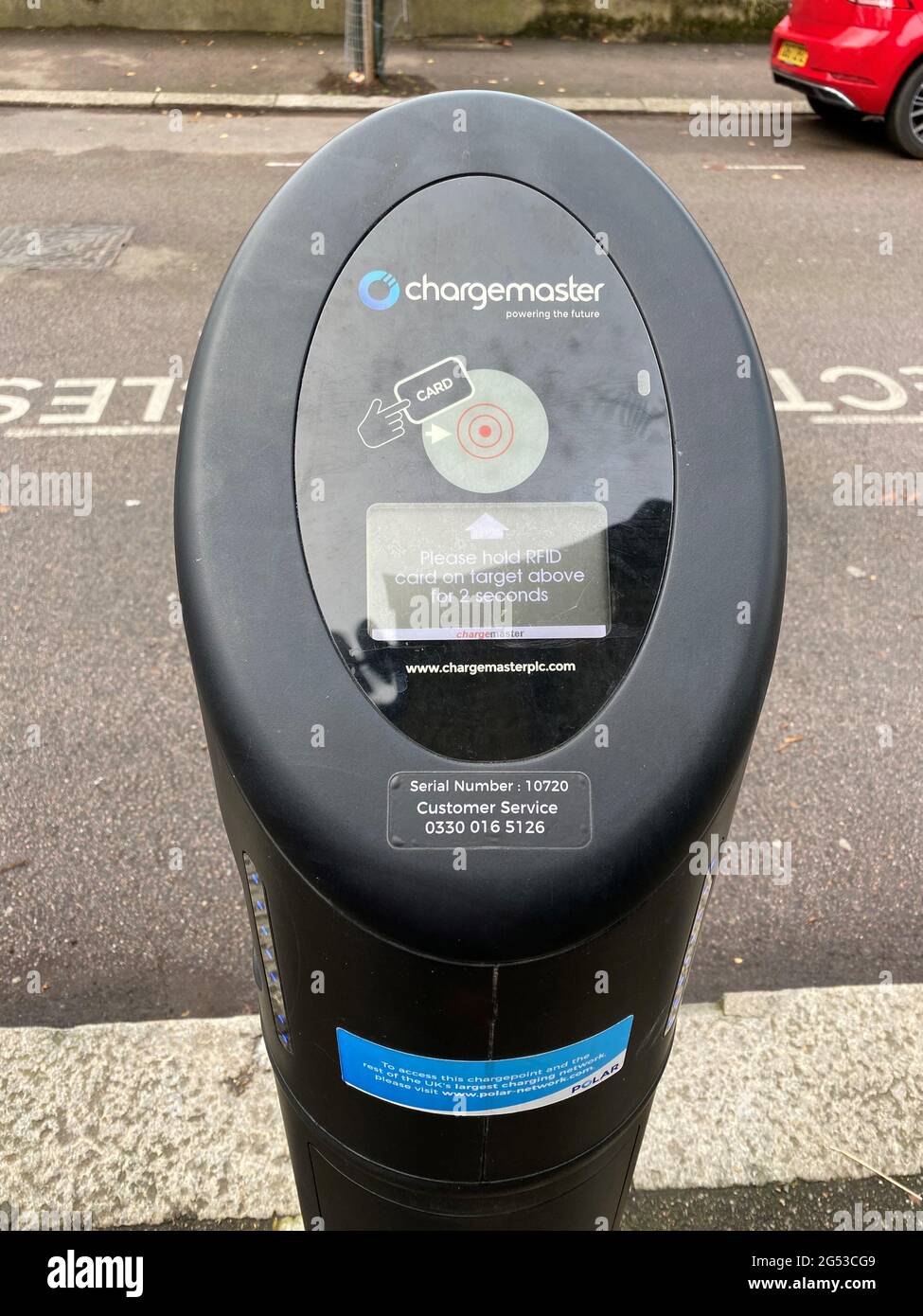 A Chargemaster electric vehicle charge point on a residential street in north London United Kingdom. Plug in car sales are overtaking diesel car sales in recent months as the government announced a ba...
