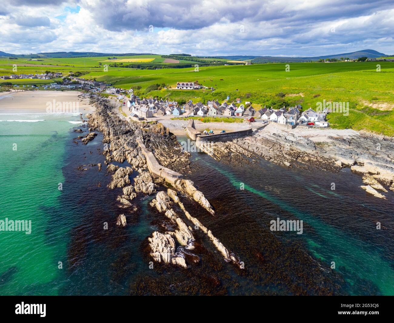 Aerial view from drone of village of Sandend on Moray Firth in