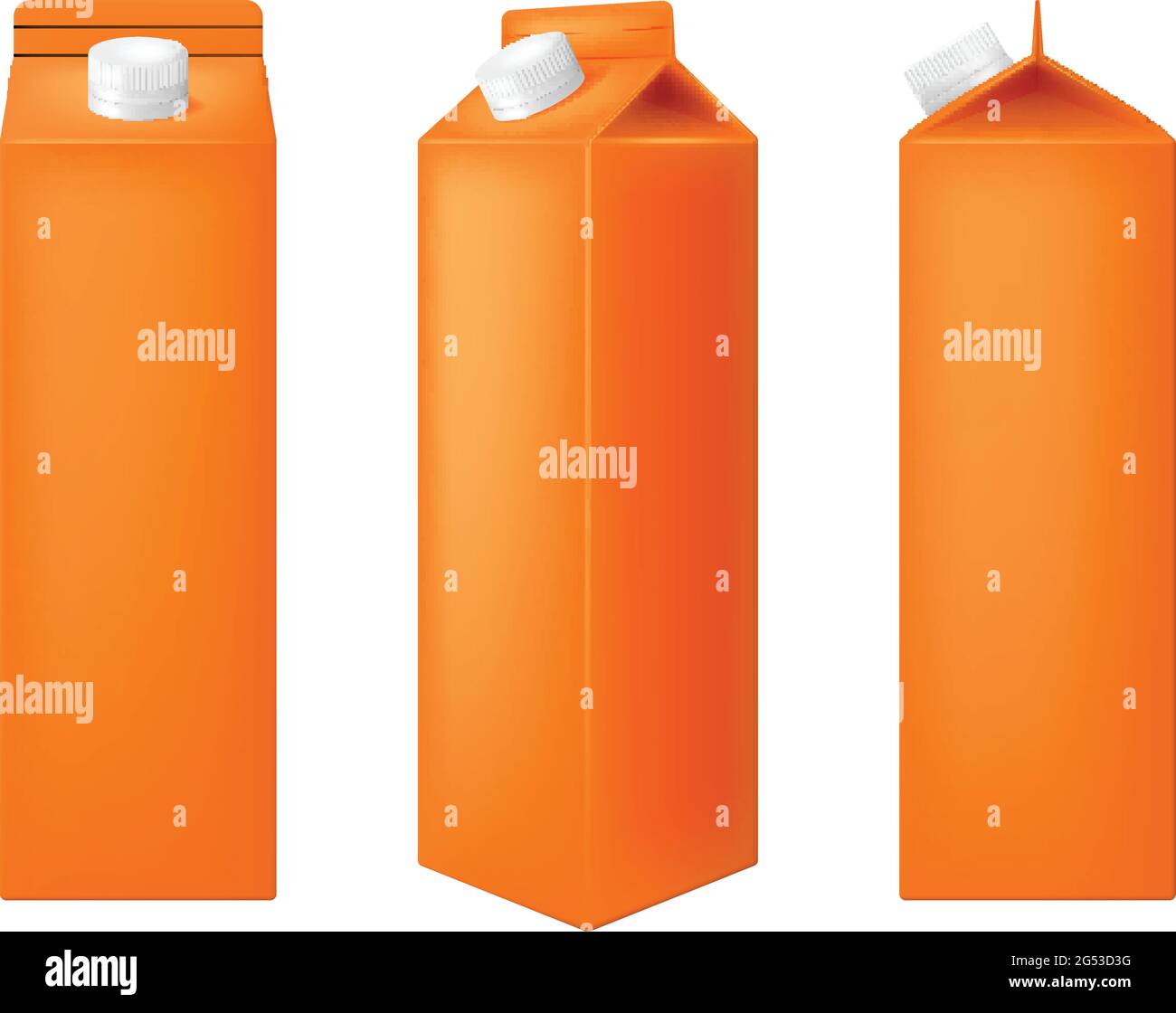 Blank orange carton box for juice in three projections isolated on