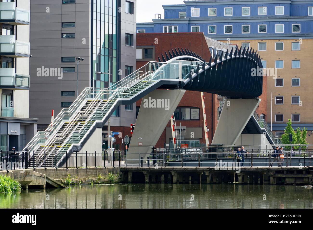 Pedestrian footbridge over railway line Brayford Lincoln City Stock Photo