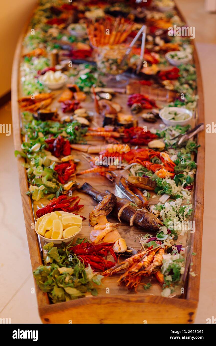 Luxury fish buffet, top view. Variety of marine products. Fish day at  hotel. Recreation and travel . National cuisine . Lifestyle Stock Photo -  Alamy