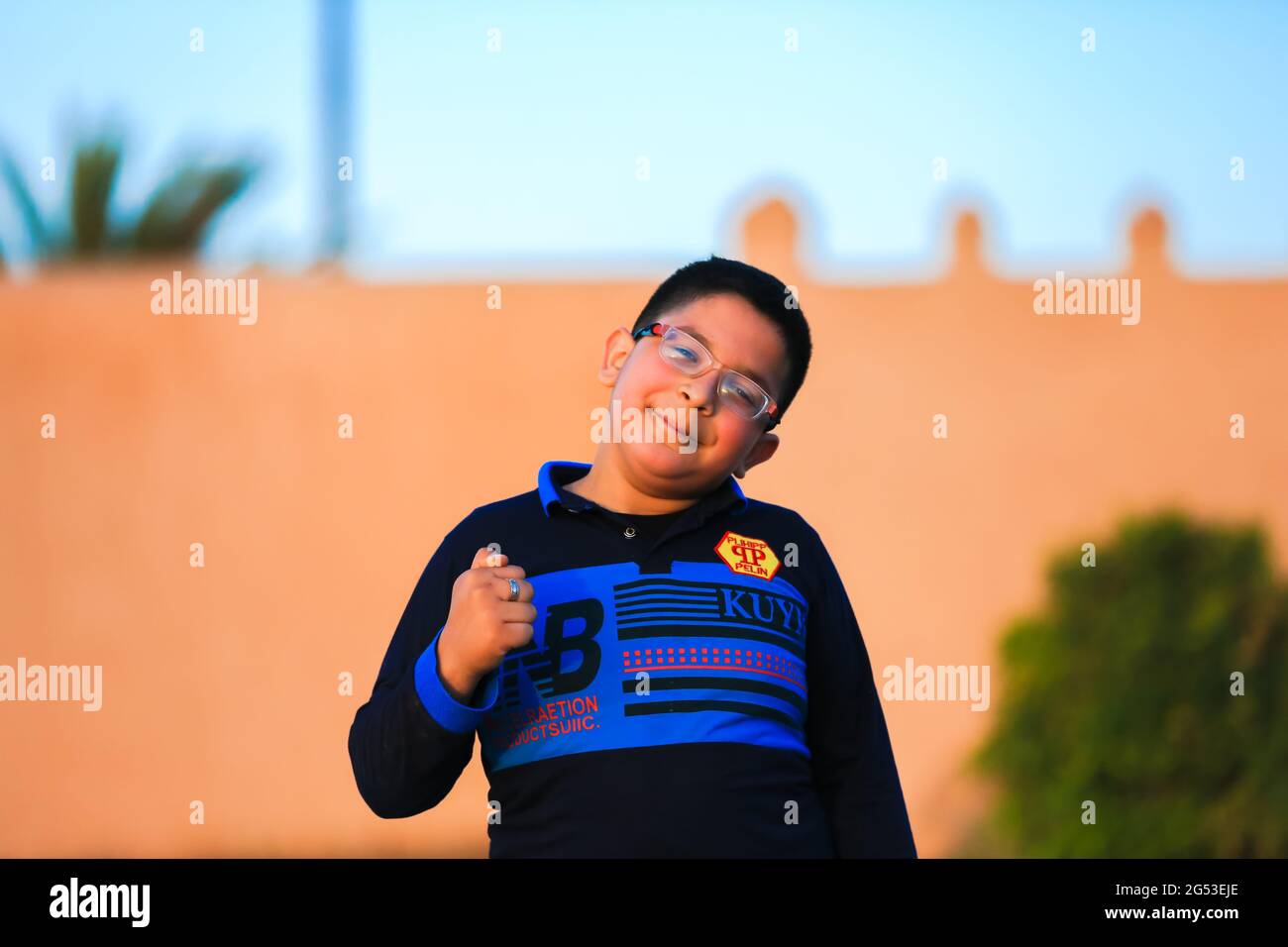 Marrakech, Morocco - 03 MAY 2021 : Moroccan young boy posing  in Marrakech city Stock Photo