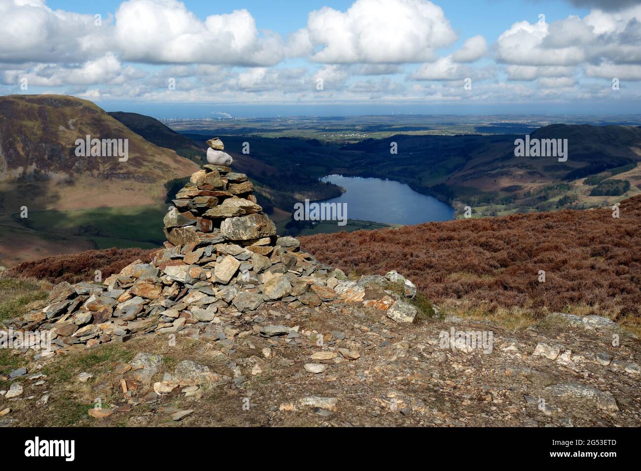 Carling Knott & Loweswater Lake from the Northern Summit Pile of Stones 'Cairn' on Mellbreak in the Lake District National Park, Cumbria, England, UK Stock Photo