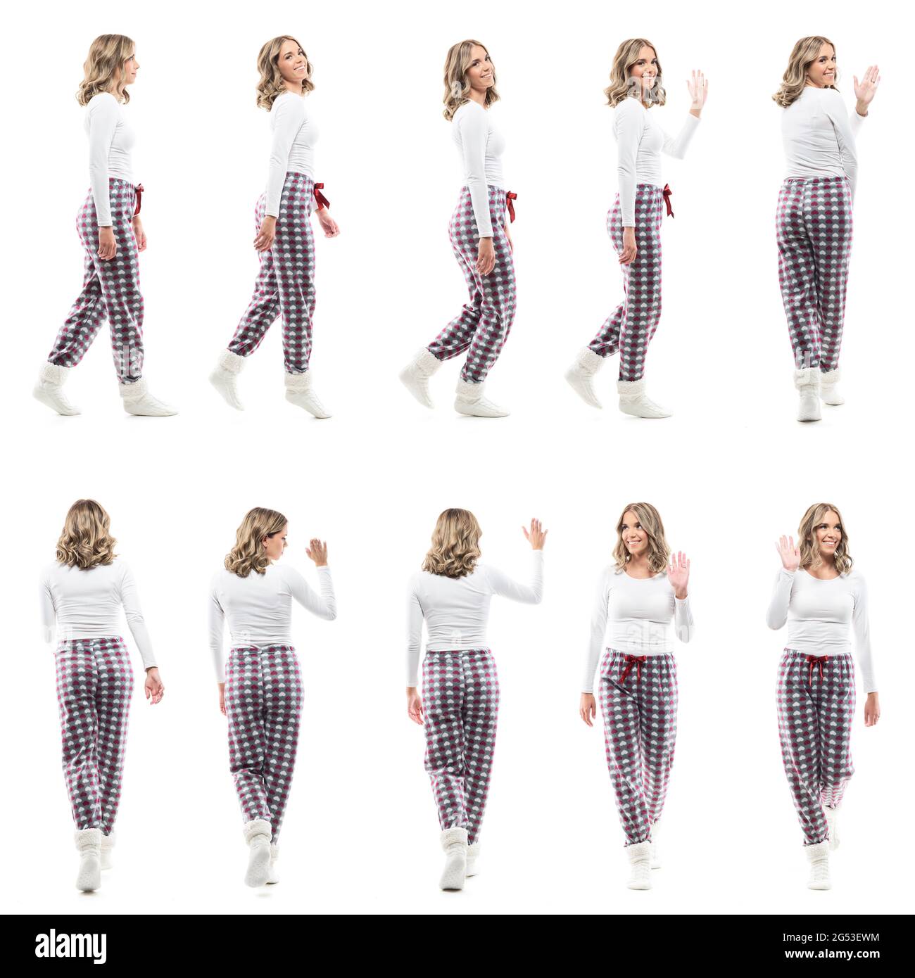 Collage of young women in pajama walking and greeting happy and sad, back and side view. Full body people isolated on white background. Stock Photo