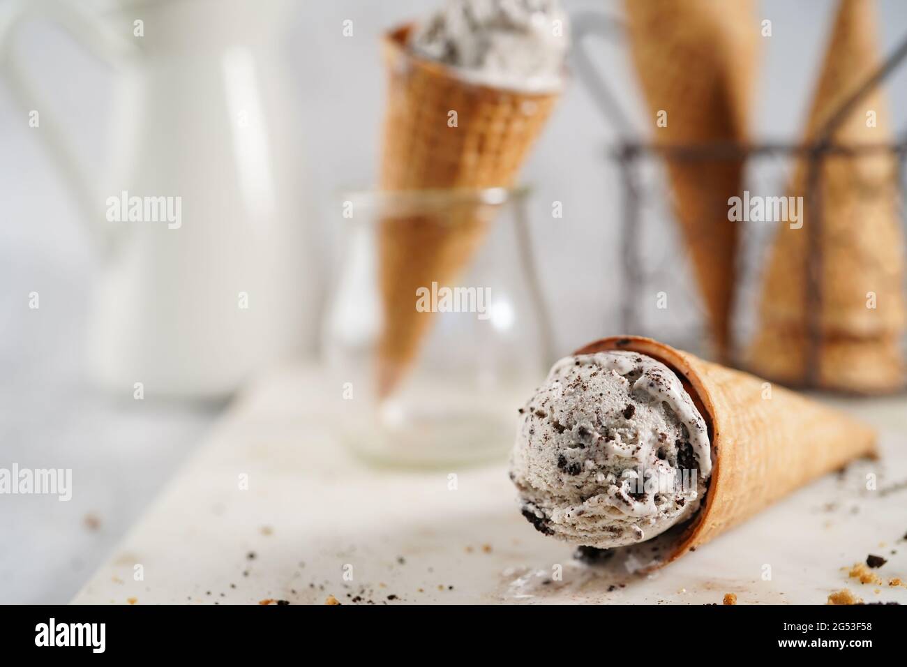 Homemade Cookies and cream cone ice cream, selective focus Stock Photo