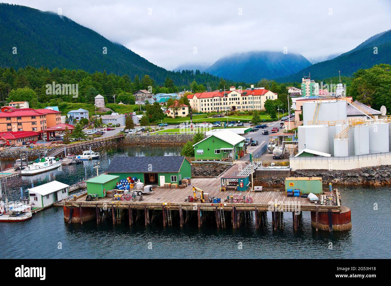 Sitka Harbor, redroofed Pioneer Home beyond, Sitka, Alaska Stock Photo Alamy