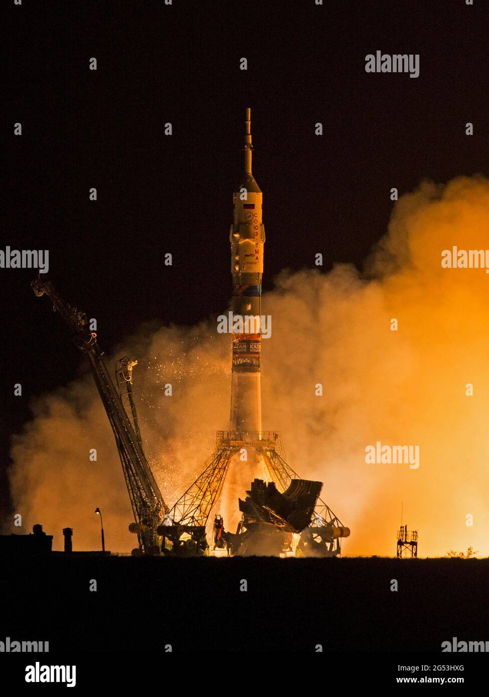 BAIKONUR COSMODROME, KAZAKHSTAN - 26 September 2014 - The Soyuz TMA-14M rocket is launched with Expedition 41 Soyuz Commander Alexander Samokutyaev of Stock Photo